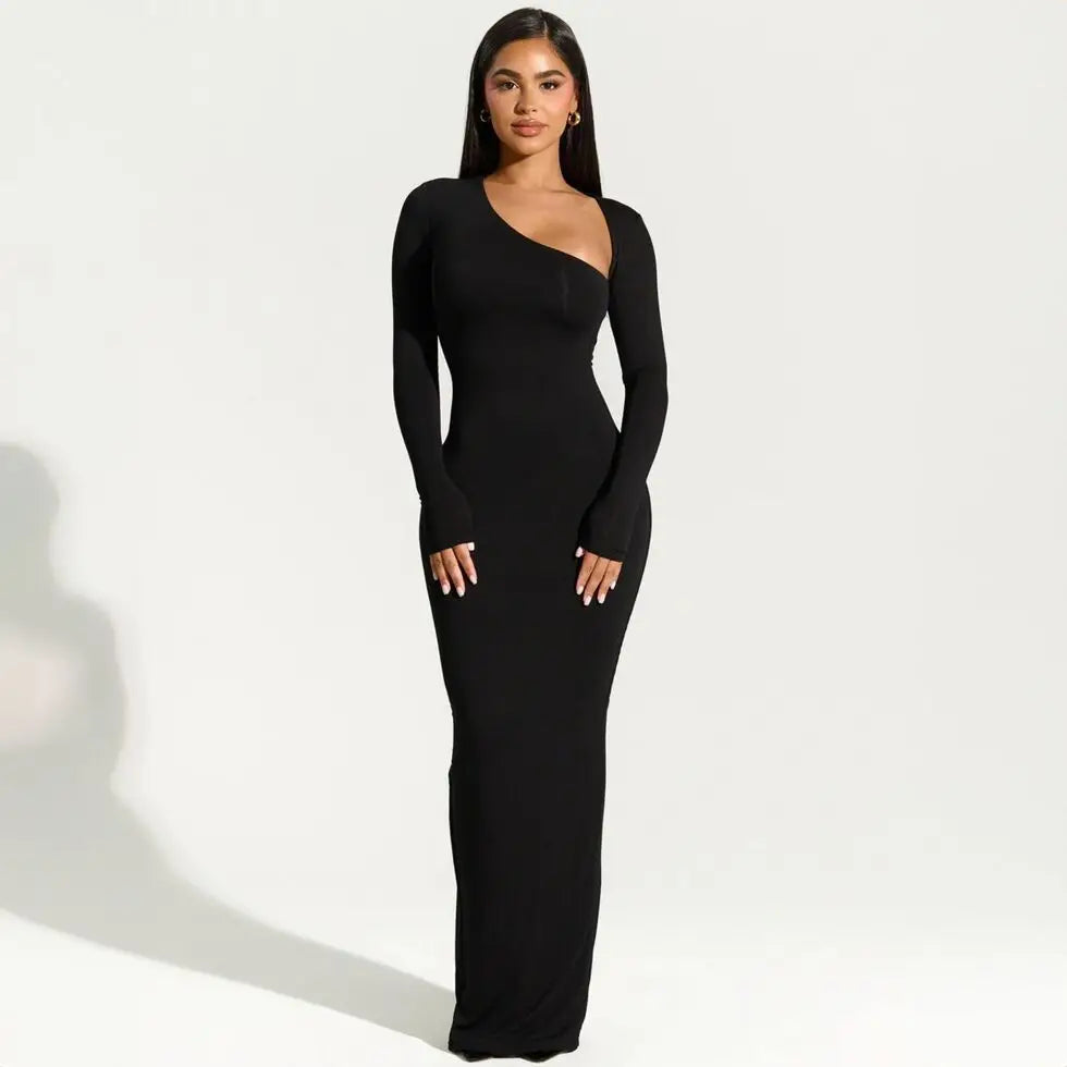 Valentina – Elegant One-Shoulder Black Maxi Dress