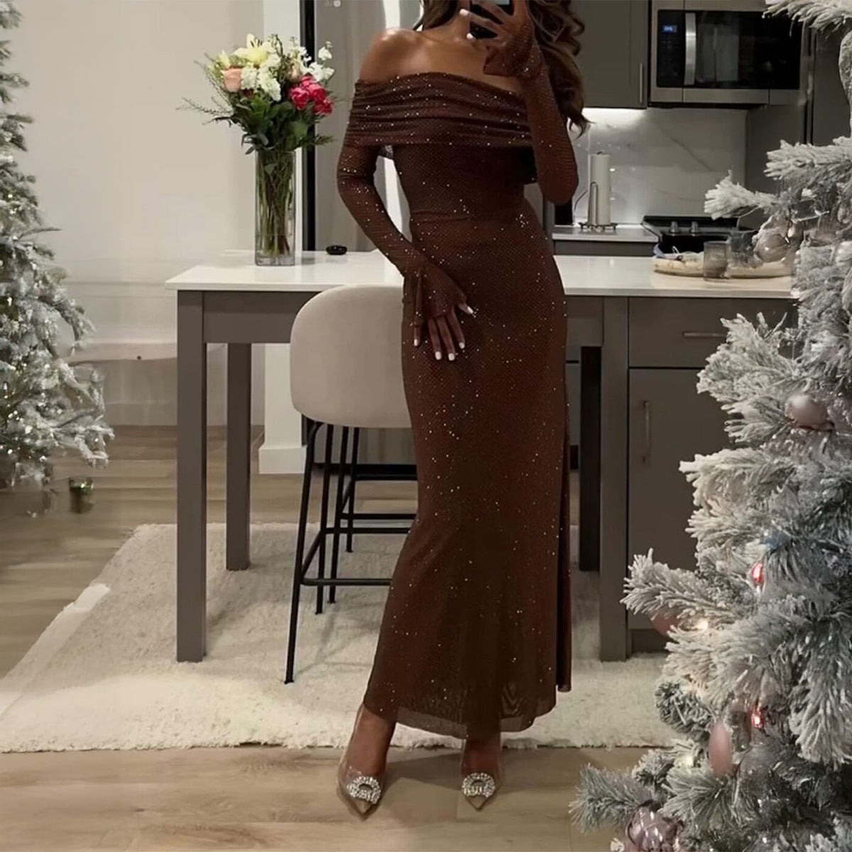 Isabella – Sparkling Chocolate Off-Shoulder Maxi Dress