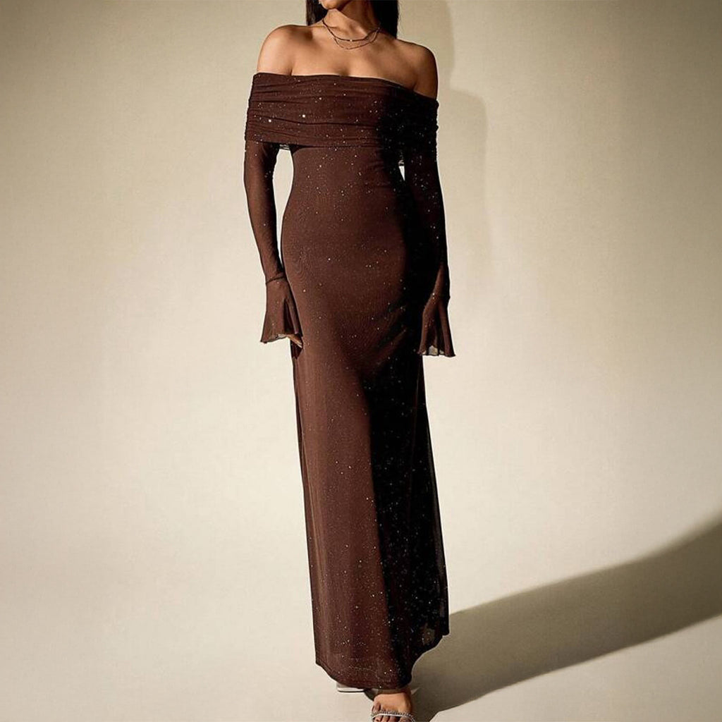 Isabella – Sparkling Chocolate Off-Shoulder Maxi Dress