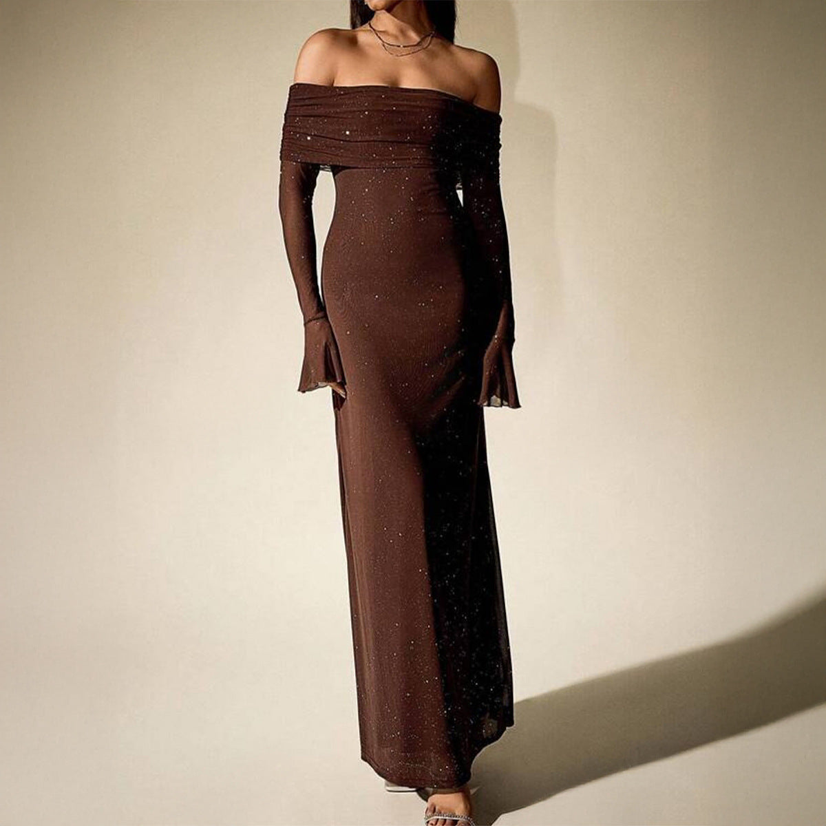 Isabella – Sparkling Chocolate Off-Shoulder Maxi Dress