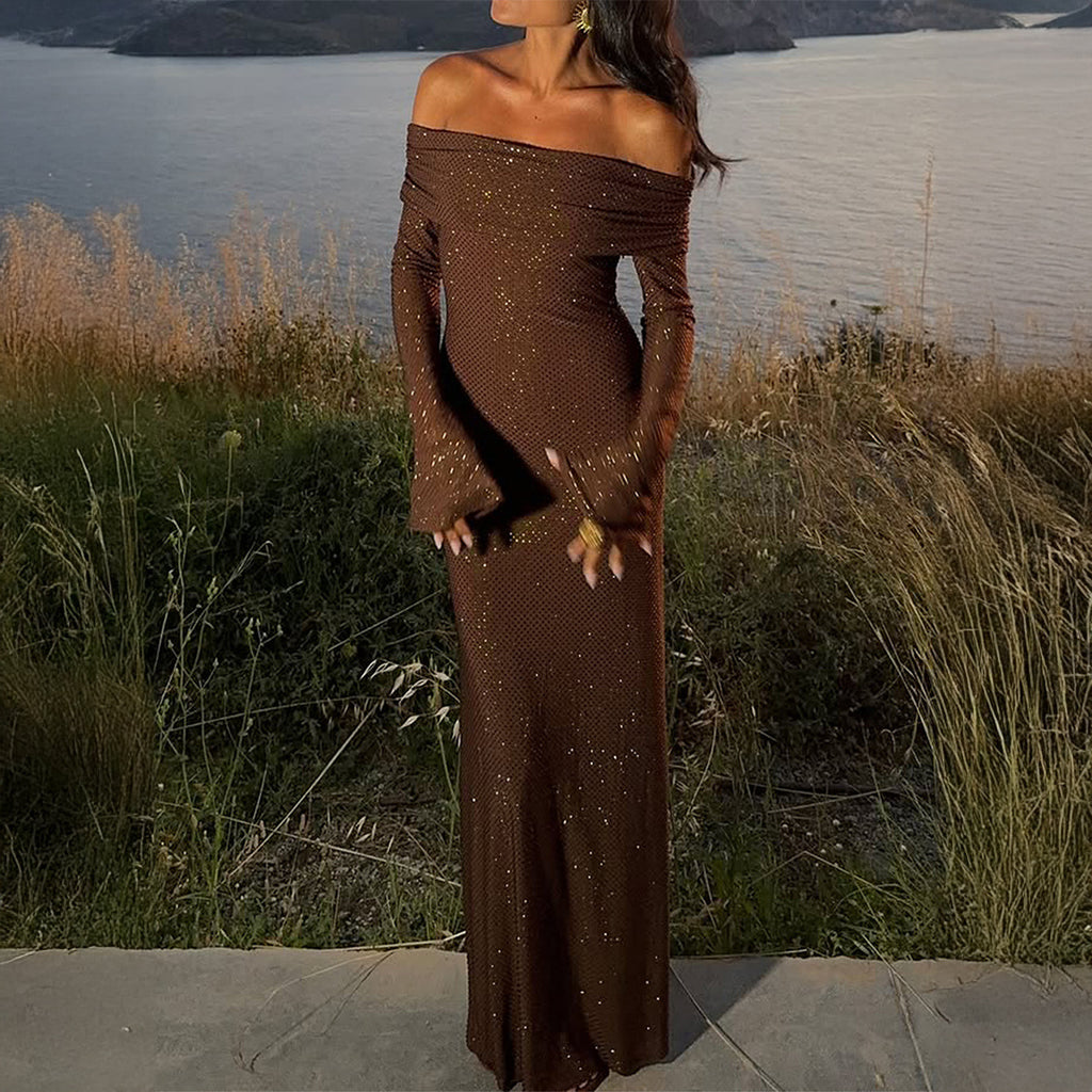 Isabella – Sparkling Chocolate Off-Shoulder Maxi Dress